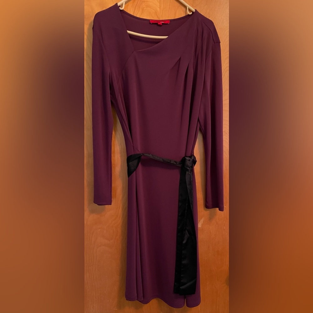 Wine dress with belt.